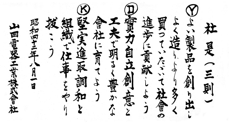 
Ｙ
よい製品を創り出しよく創りより多く買っていただいて社會の進歩に貢献しよう

Ｄ
實力自立創意と工夫で明るく豊かな會社に育てよう

Ｋ
堅実進取調和と組織で仕事をやり抜こう